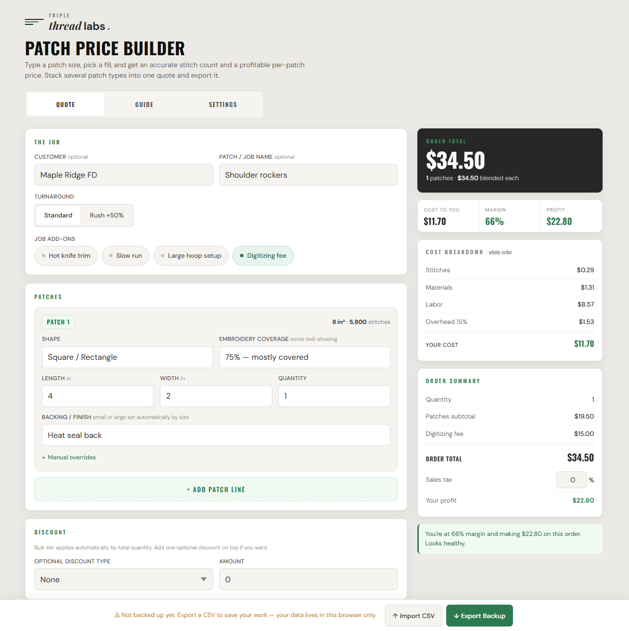 Patch Price Builder showing patch shape, size, embroidery coverage, and backing inputs with a $34.50 order total, cost breakdown, and 66% margin