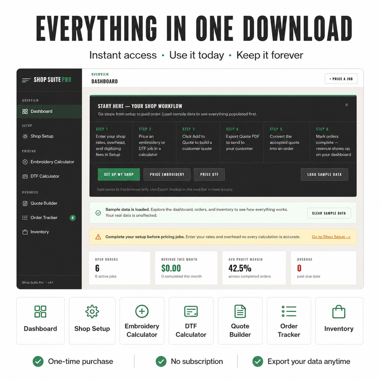 Shop Suite Pro — everything in one download showing all 7 modules with one-time purchase badge