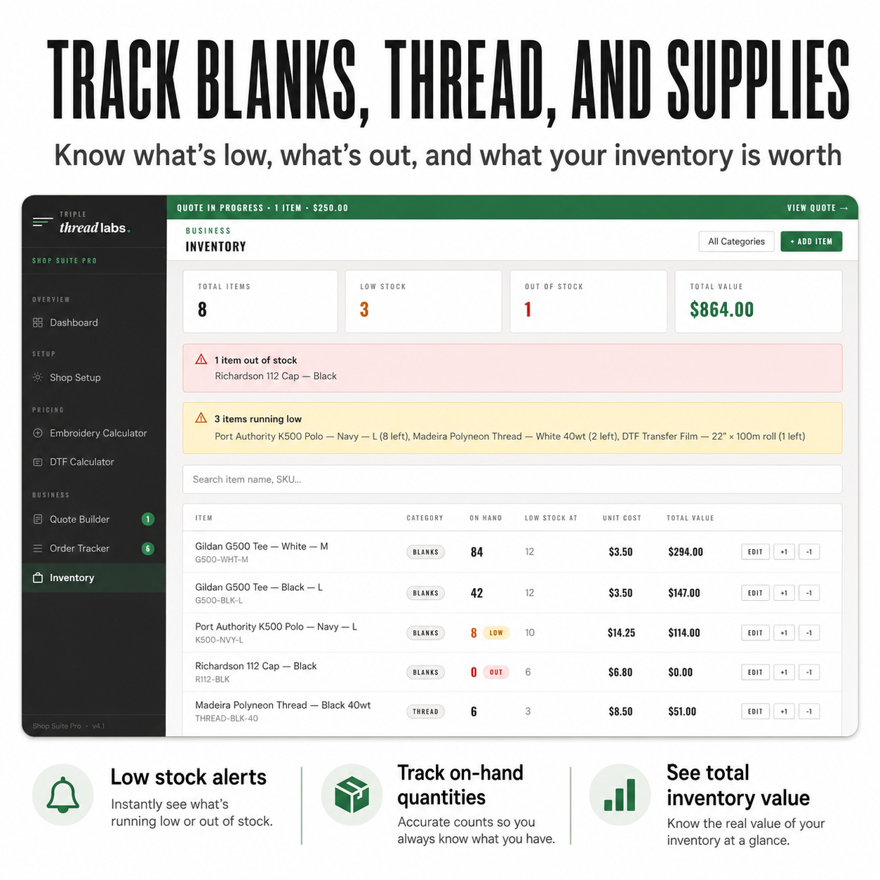 Shop Suite Pro Inventory module showing blanks, thread, and supplies with low-stock alerts and total value of $864