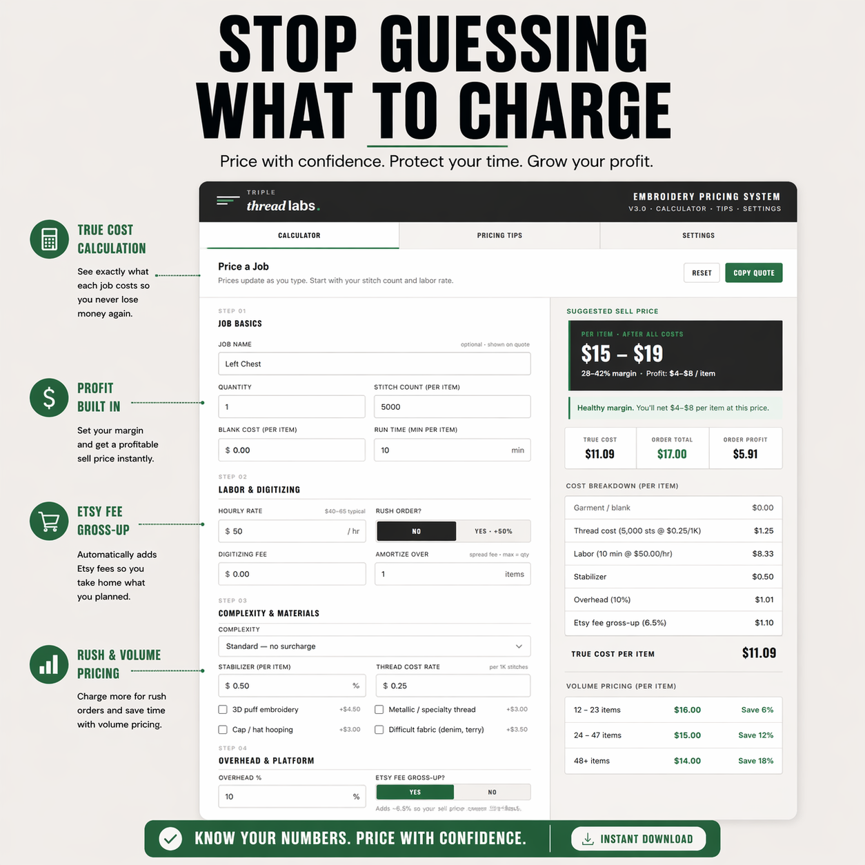 Embroidery Pricing Calculator showing $15–$19 sell price with full cost breakdown